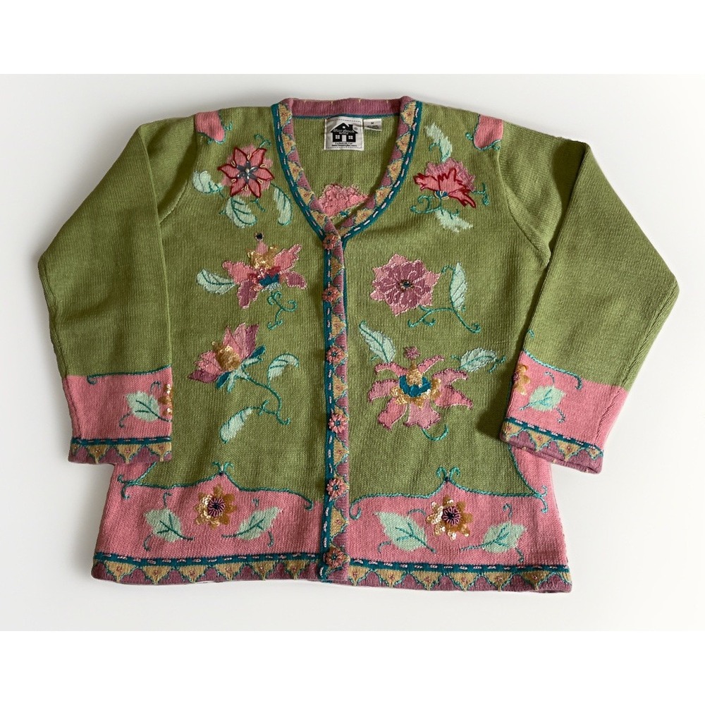 Vintage Storybook Knits Floral Embroidered Cardigan Sweater Green / Pink Medium